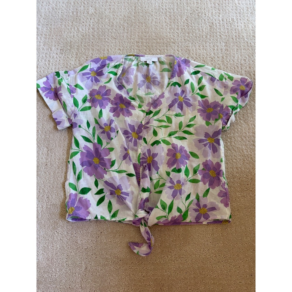 Linen Charter Club Luxury Tie Front Top Womens XS Purple Floral Boho Cottagecore